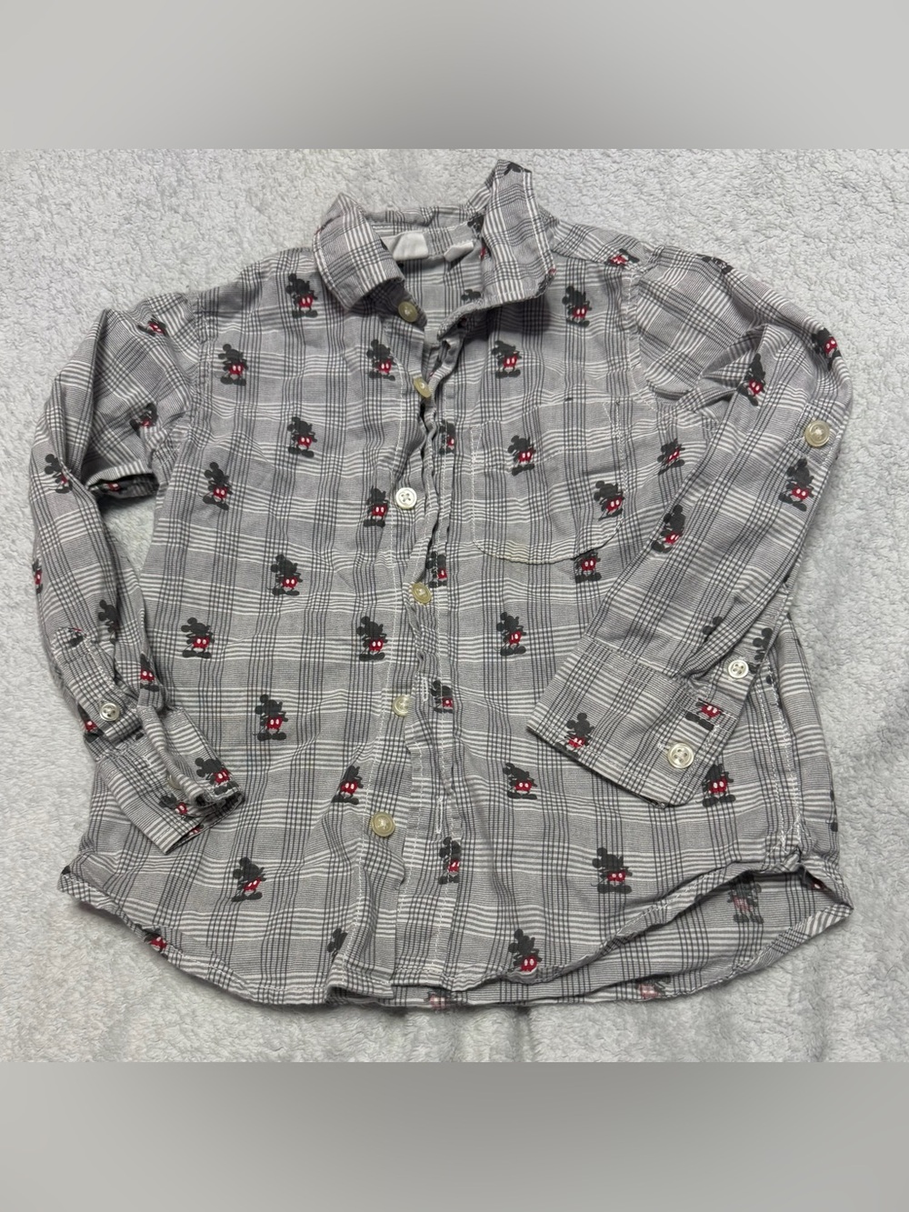 Boy’s Disney Mickey Mouse Gray Plaid Button-Up Dress Shirt with Character Print